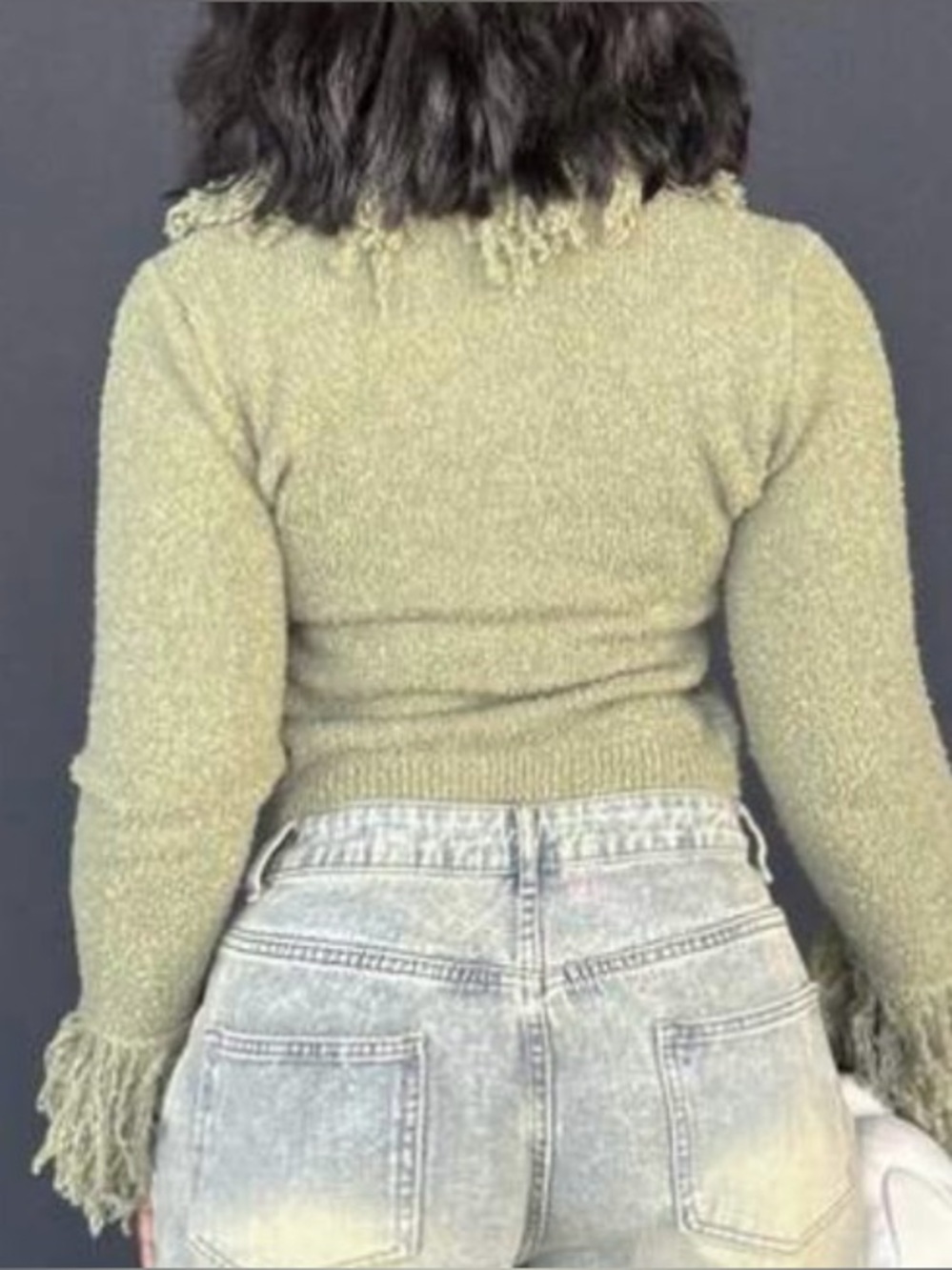 Textured Fringe Knit Cardigan in Sage Green - Picture 2 of 3